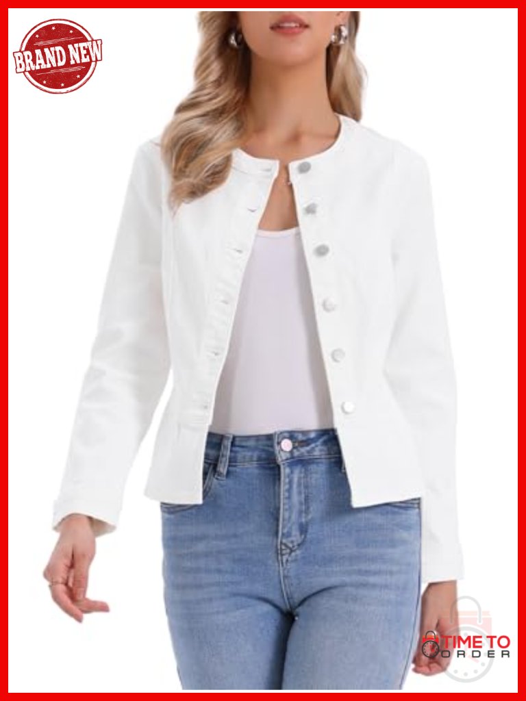 Collarless Denim Jacket With Peplum Hem Button Down Long Sleeve